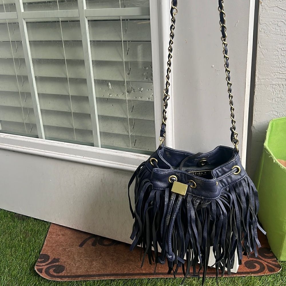 Blue & Black Fringe Tote Gold Hardware - Small Bucket Bag